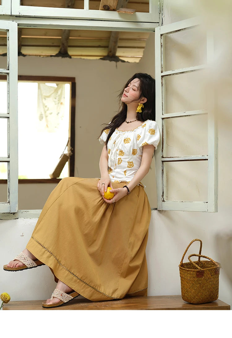 MISHOW Yellow Flower Embroidery Blouse Puff Sleeve Lace Up MXE35X1811