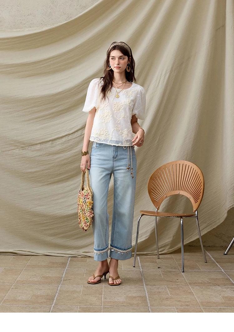 MISHOW French Summer Blouses Women New 2025 Short Puff Sleeve Round Neck Jacquard Flower Slim Shirts Woman Versatile MXE32X1772