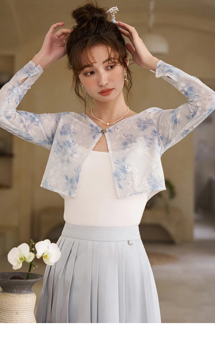 MISHOW Elegant Hollow Out Cardigan Camisole Skirt Separately Spring Lace Printing Short Cardigans Solid Pleated Skirt MXD12W0342