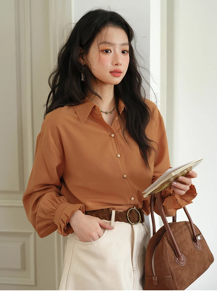 MISHOW Women's Shirts 2025 Autumn Color Blocking Buttons Pleated Cuffs Loose Top Female Solid Lapel Commuting Shirts MXE41C2352