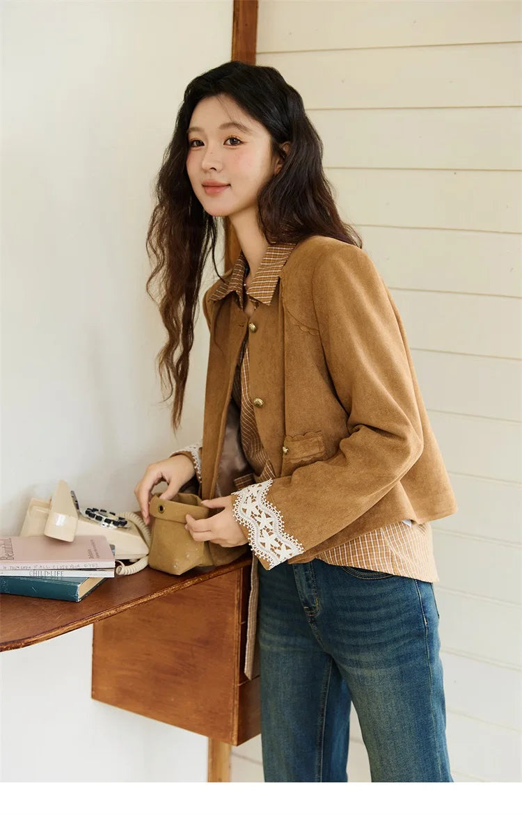 MISHOW Fragrant Suede Jacket for Women Autumn 2025 Cuffs Hollowed Out Lace Short Coats O-neck Metal Button Jackets MXE46W0839