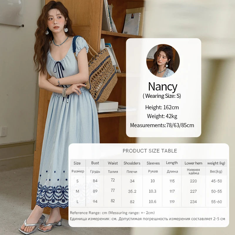 MISHOW Women's Bohemian Embroidery Dress 2025 Summer Ladies Fashion V-neck Lace Up Flower Bud Sleeve Blue Long Dress MXE36L2244