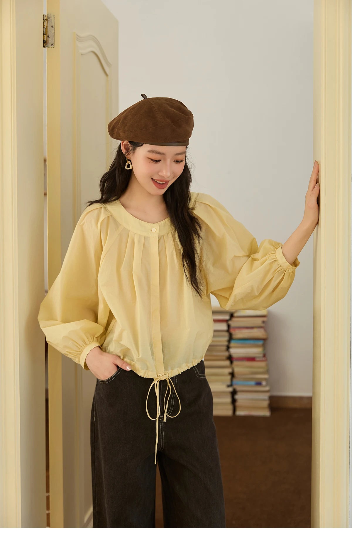MISHOW Light Yellow Pleated Shirt 2025 Autumn Drawstring Hem Lantern Sleeve Top O-neck Cotton Blend Casual Shirts MXE45X2490