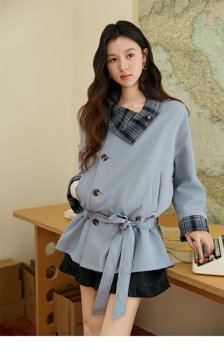 MISHOW Two Sided Outerwear Trench for Women Autumn Winter 2025 Blue Plaid Patchwork Diagonal Placket Belt Trench MXE48W0871