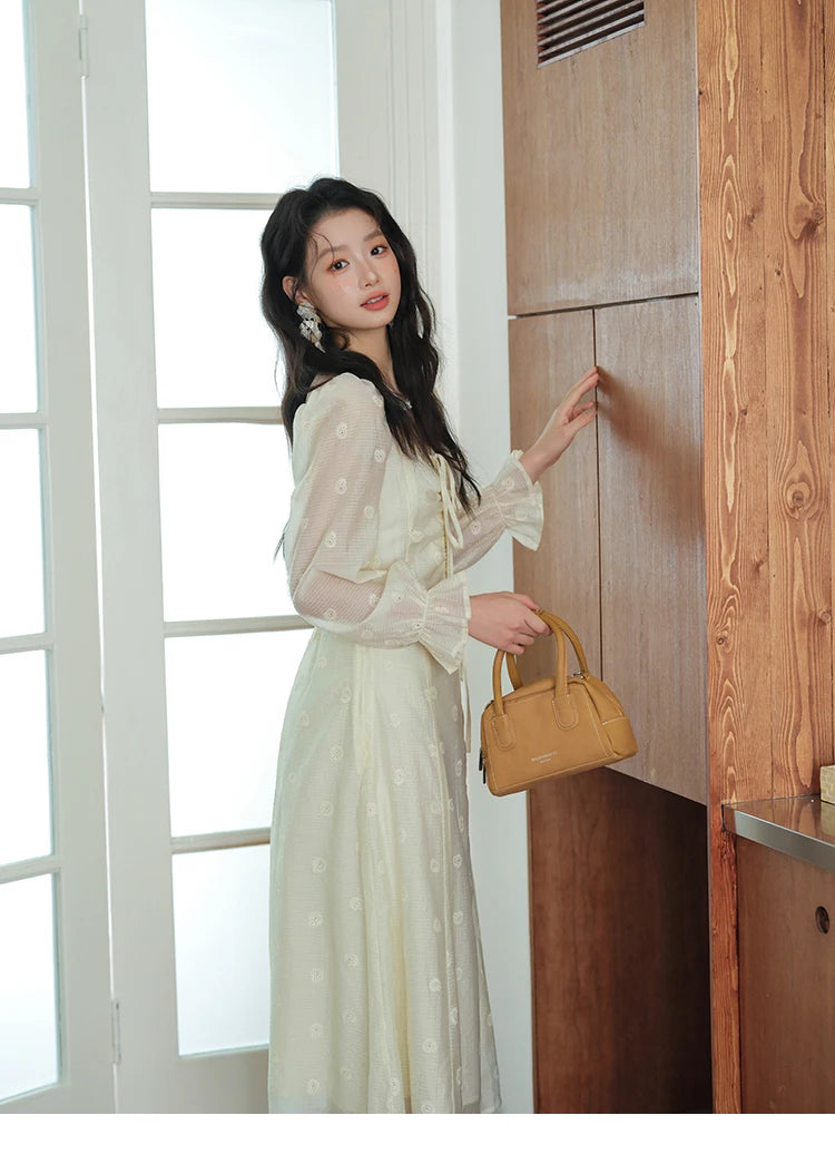 MISHOW Women's Cashew Flower Embroidered Dress 2025 Autumn V-neck Drawstring Long Sleeves Ladies Elegant Slim Dresses MXE41L2387