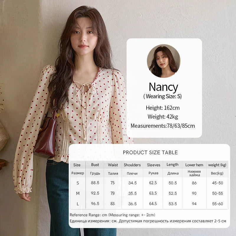 MISHOW Apricot Bottom Red Polka Dot Shirt for Women Autumn 2025 Korean Ruffled Edges Shirts V-neck Lace-up Sweet Top MXE42X1971