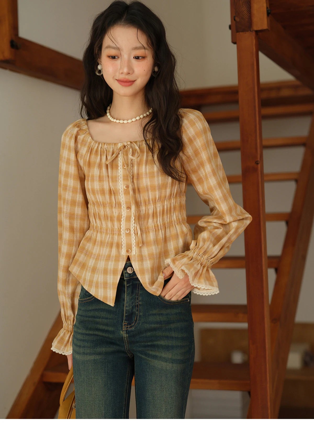 MISHOW Yellow Plaid Blouse for Women 2025 Autumn Korean Waist Square Neck Top Cuff Patchwork Lace Puff Sleeve Blouses MXE43X1986