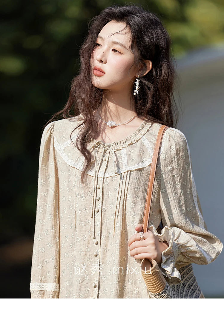 MISHOW Women's Floral Round Neck Shirts 2025 Spring Ruffled Collar Commuting Top Sweet Petal Sleeve Lace-up Shirts MXE14X1729