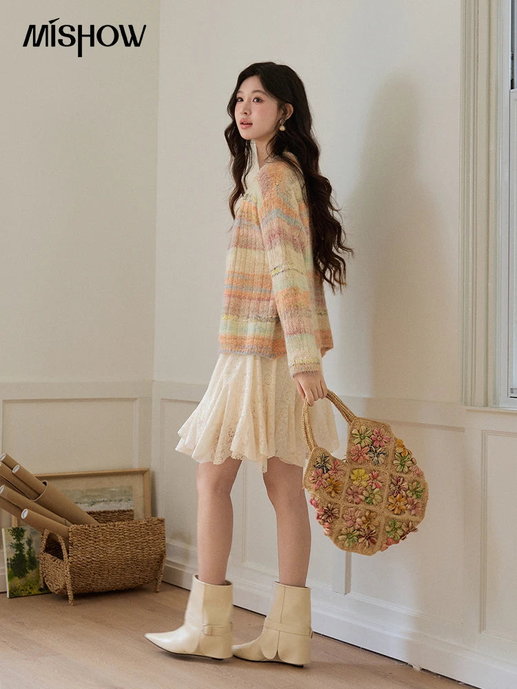 MISHOW Women's Gradient Striped Knit Cardigan 2026 Spring V Neck Single Breasted Casual Thin Soft Rainbow Sweater MXF13Z3019