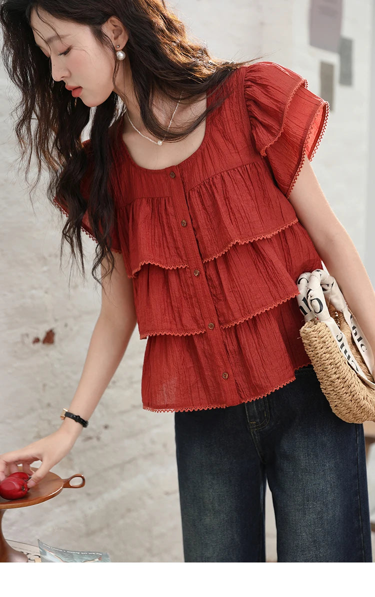 MISHOW Women's French Square Collar Blouses 2024 Summer Retro Red Ruffle Lace Cake Top Puff Sleeve Solid Sweet Blouse MXD30X1488