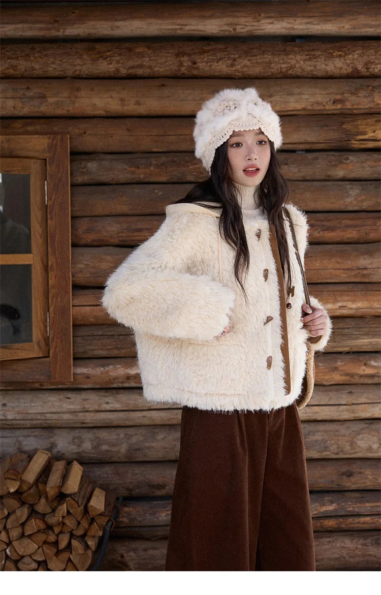 MISHOW Winter Jacket Women 2025 Fashion Beige Knitted Hooded Plush Coat Casual Commute Warm Windproof Short Coat MXE86W0908