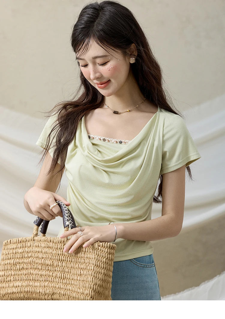MISHOW Casual Summer Shirts Women 2025 Fashion Short Sleeve Swing Collar Solid T-shirt Female Slim Shell Ribbon Tops MXE33T0524