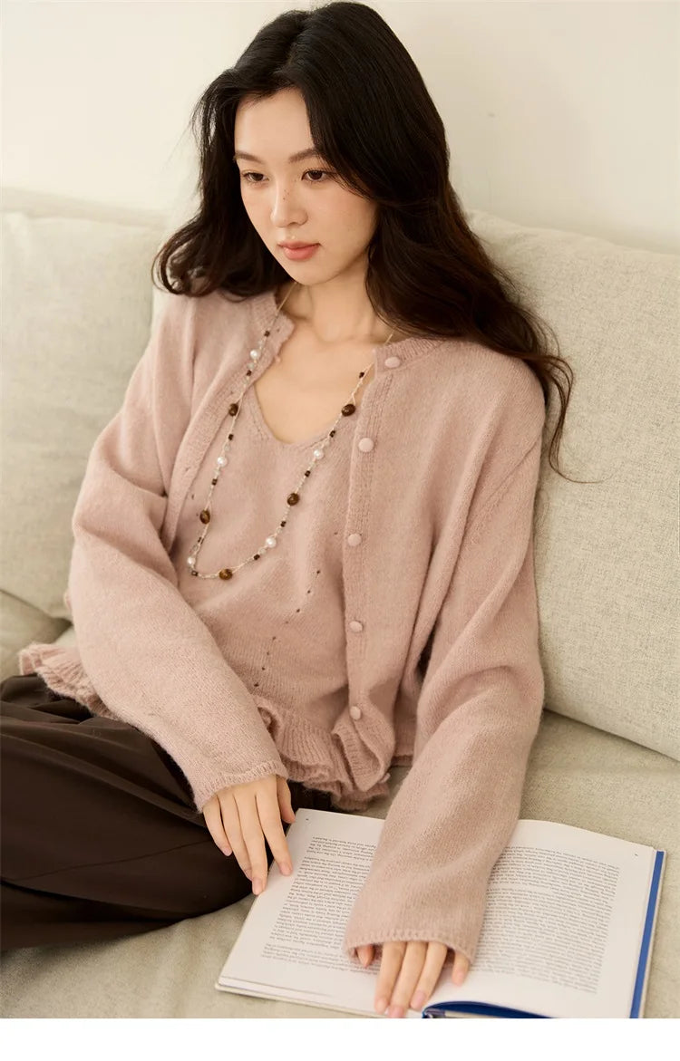 MISHOW Knit Cardigan for Women 2025 Autumn Elegant Pink Crew Neck Cardigan Loose Suspenders Two-piece Suit for Women MXE48T1404