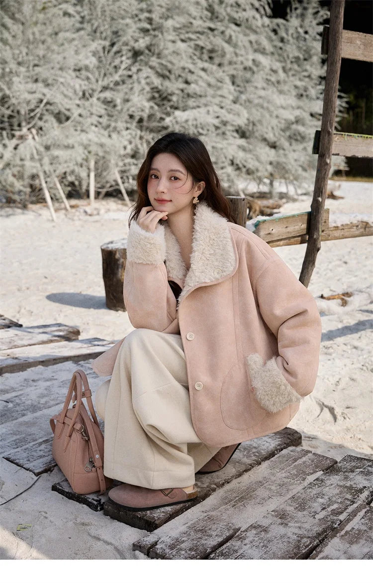 MISHOW Women's Double Sided Wearing Jacket 2025 Winter Lamb Wool Lapel Coat Warm Windproof Commuter Coat with Pockets MXE91W1015