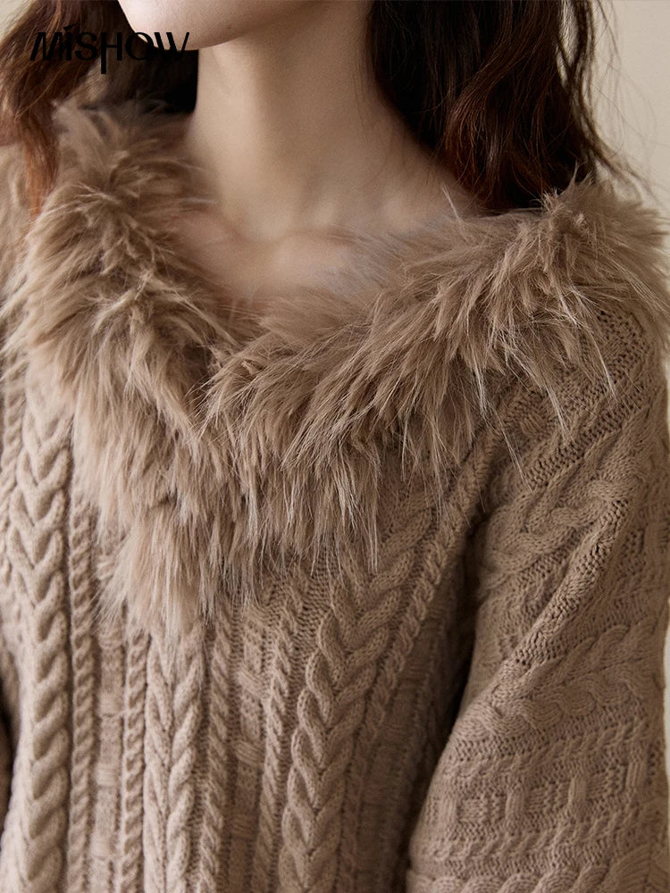 MISHOW Women's Batwing Sleeve KnittedSweater 2025 Winter Faux Fur Collar Cable Knit Puff Sleeve Warm Pullover Tops MXE94Z2985