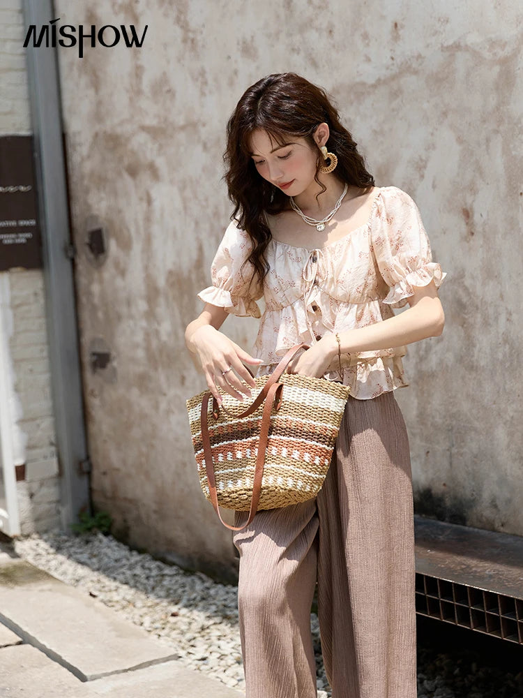 MISHOW French Floral Print Square Neck Shirt for Women 2025 Summer Bubble Sleeve Patchwork Double-layer Ruffle Tops MXD30X1565