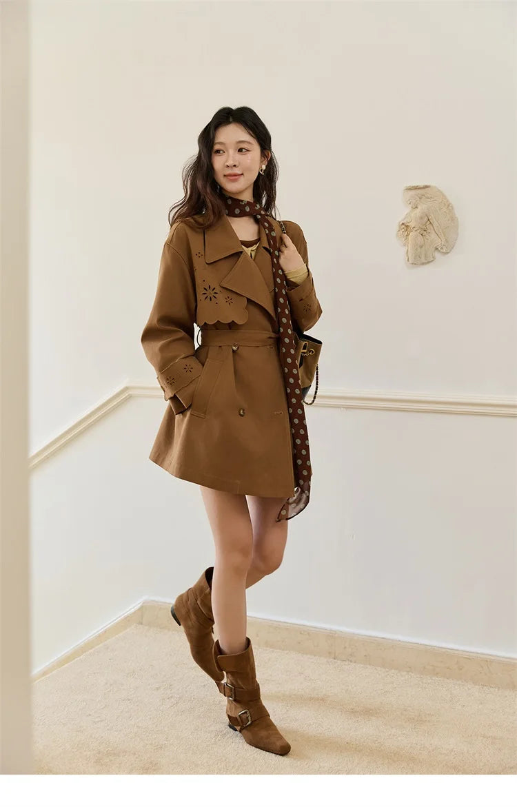 MISHOW Hollow Flower Trench Coat for Women Autumn 2025 Double Breasted Retro Trench with Slant Pocket Belt Coats MXE46W0838
