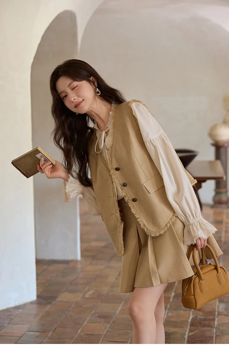 MISHOW Khaki Rough Selvedge Vest Coat Pleated Skirt Two-piece Set 2025 Autumn Women Linen Blend Retro Set Office Lady MXE41T0690