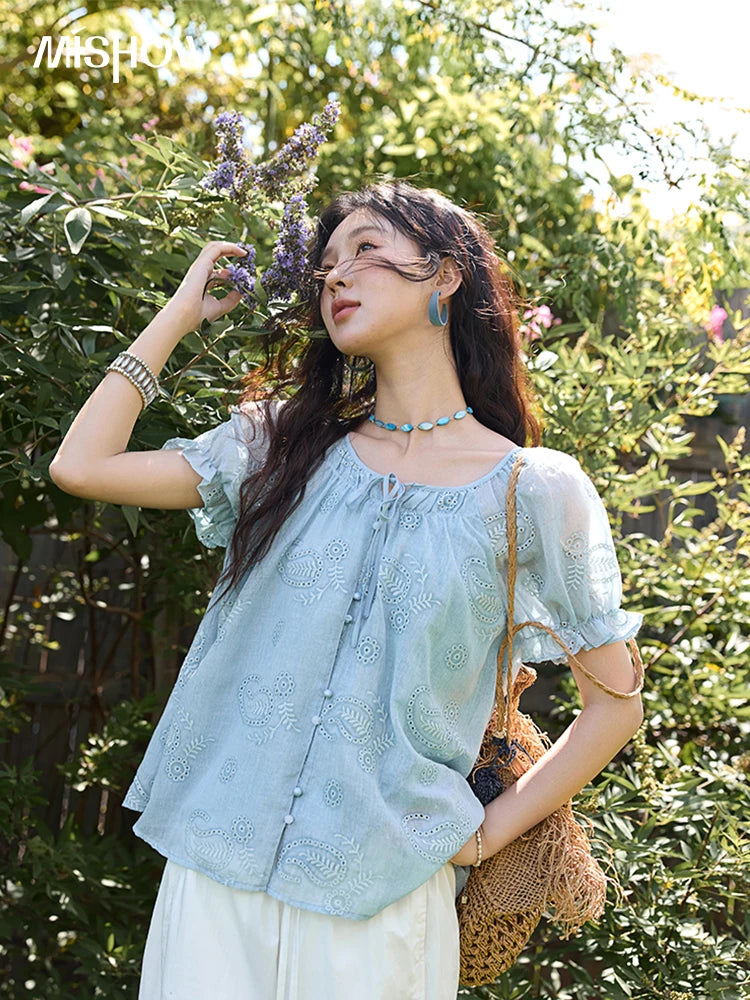MISHOW Embroidery Flower Shirt for Women 2025 Summer New Fashion Loose Puff Sleeve Round Neck Top Female Clothing MXE39X1922