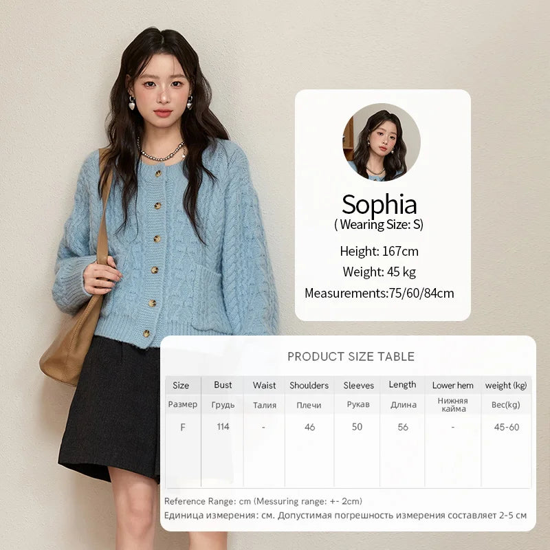 MISHOW Cardigan Women 2025 Autumn Winter Fashion Light Blue Retro Crew Neck Knitted Sweater Casual Loose  Pocket Top MXE49Z2614