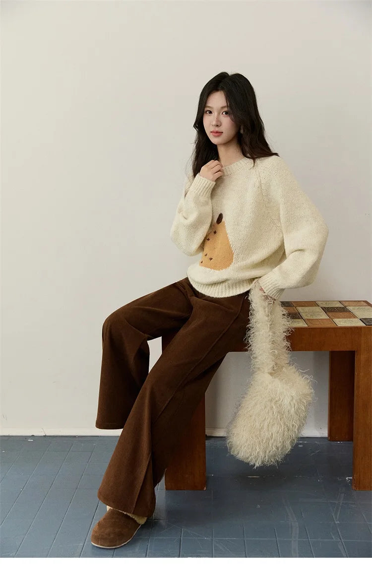 MISHOW Pear Pattern Jacquard Knitted Sweater Autumn Winter Crew Neck Loose Sweaters Wool Blend Warm Pullover Tops MXE94Z2959