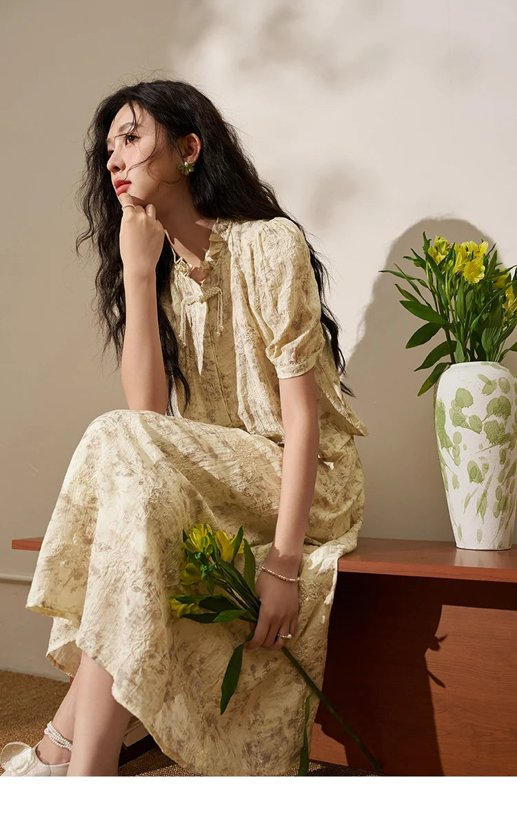 MISHOW Chinese Chiffon Embroidered Shirt A-line Skirt Separately Summer Puff Sleeve Top Rear Elastic Waist Skirt MXD24X1405