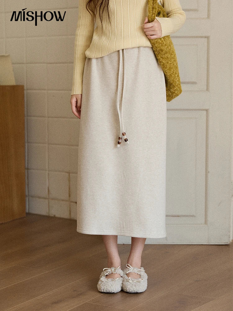 MISHOW Woman Brown Skirt 2025 Retro High Waist Loose Fitting Half Body Skirt with Back Split Straight Leg Long Skirt MXE90B2447