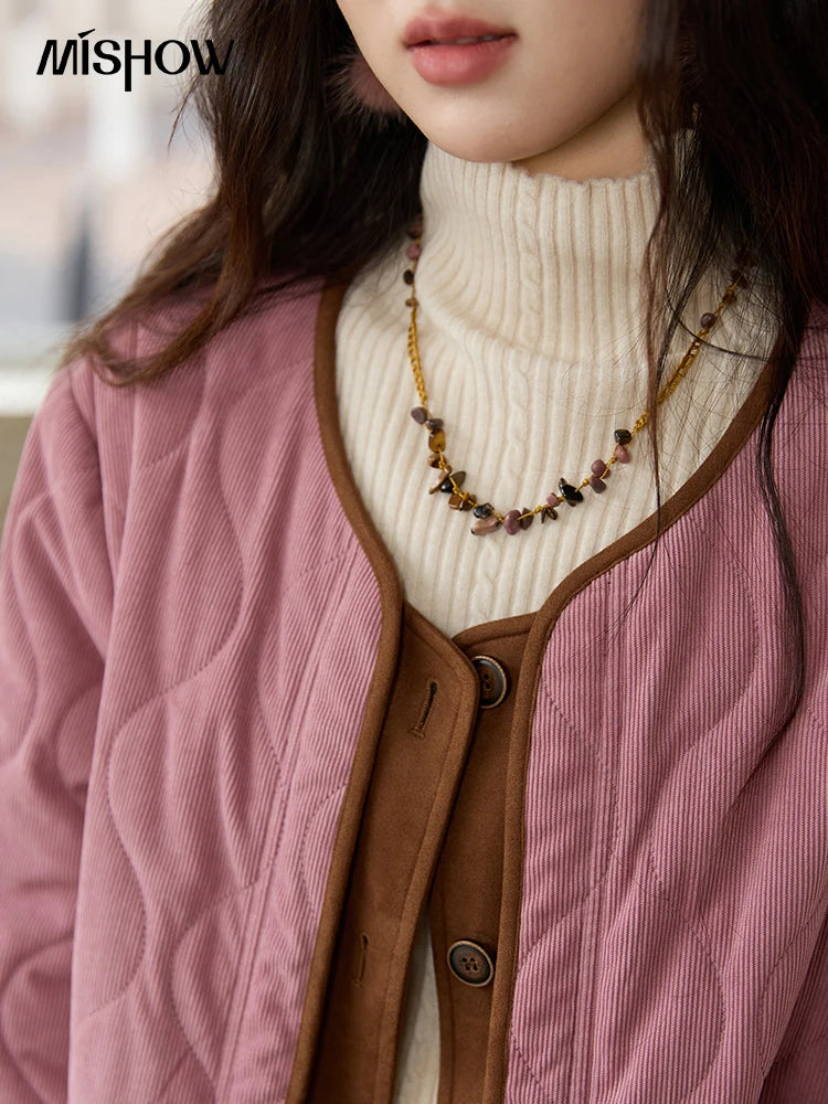 MISHOW Pink Purple Corduroy Jacket Women 2025 Winter Retro Gourd Pattern Pleated Cotton Splicing Suede Jacket Top MXE88W0882