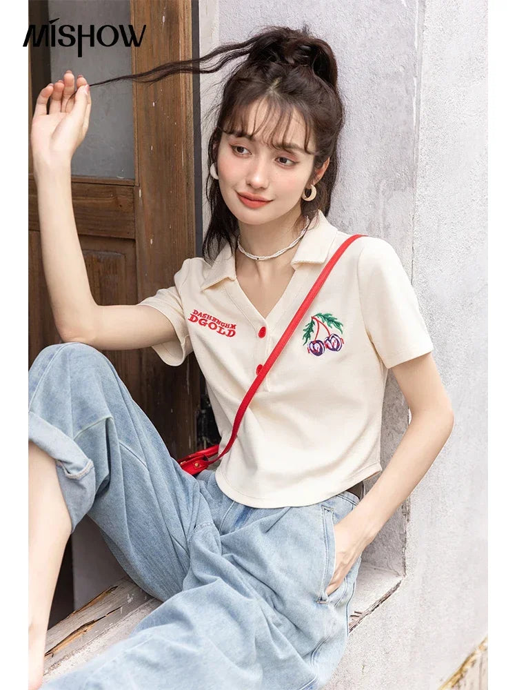 MISHOW Summer T-shirts for Women Korean Fashion Polo Collar Embroidery Letter Short Tops Harajuku Casual Solid Tees MXB32T0477