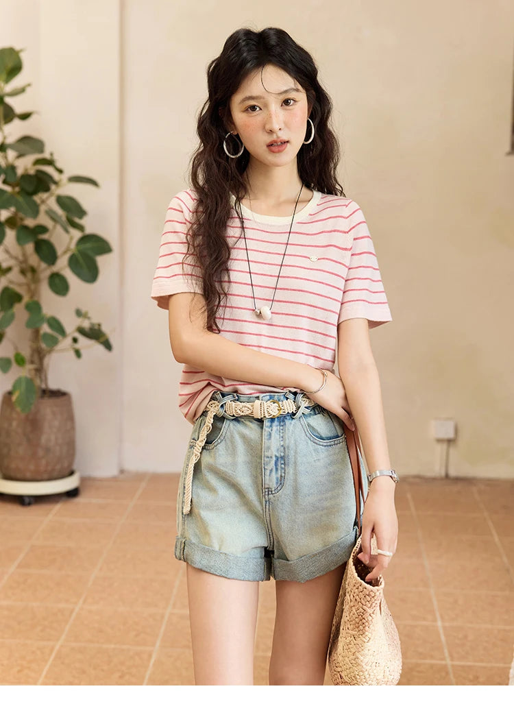 MISHOW Retro Light Blue Denim Shorts for Women Summer 2025 Fashion High Waist Washed Button Zipper Wide Leg Shorts MXE35K0944
