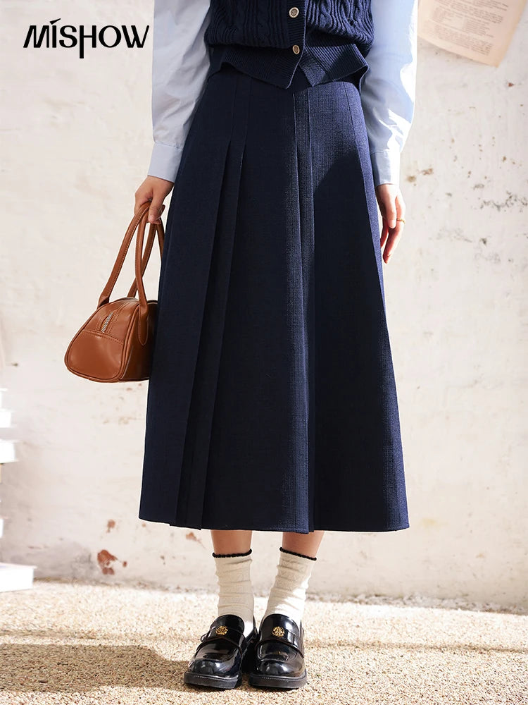 MISHOW Elegant A-line Skirt 2024 Spring Solid Preppy Style Commuter Pleated High Waist Slim Female Mid Length Skirts MXD12B0213