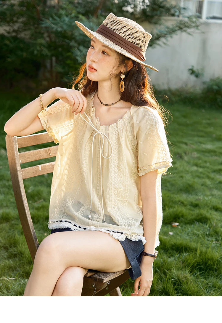 MISHOW Women's Embroidery Jacquard Blouse 2025 Summer New Fashion O-Neck Lace Up Short Sleeve Blouse Female Clothing MXE37X1861