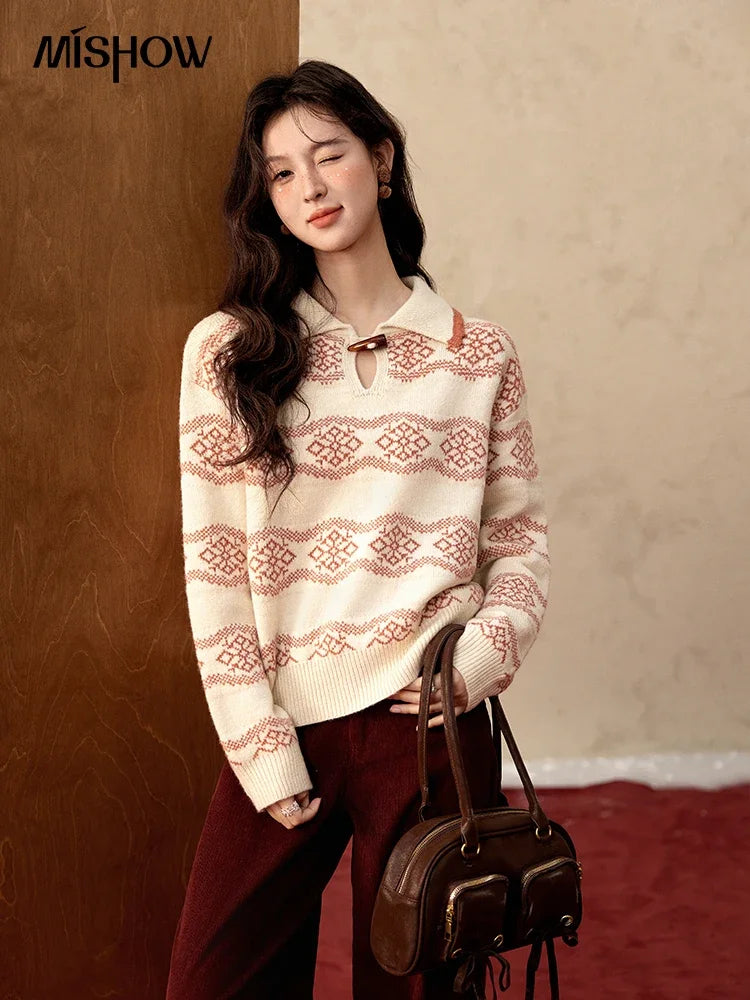 MISHOW Fair Isle Knitting Sweater Women Christmas Turn Down Collar Pullovers Versatile Soft Warm Office Lady Warm Top MXD59Z1042