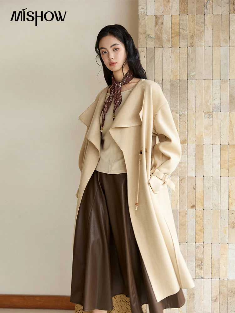 MISHOW Woolen Coat for Women 2025 Autumn Winter New Style Drawstring Waist Large Lapel Mid-length Commuter Loose Coat MXE45W0841