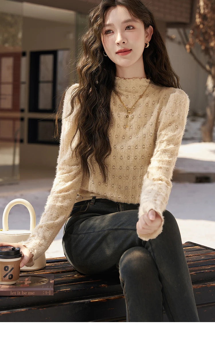 MISHOW Lace Bottoming Shirt Women Autumn Winter Mock Neck Long Sleeve Knitted Pullover French Warm Inner Top Female MXC58Z0481