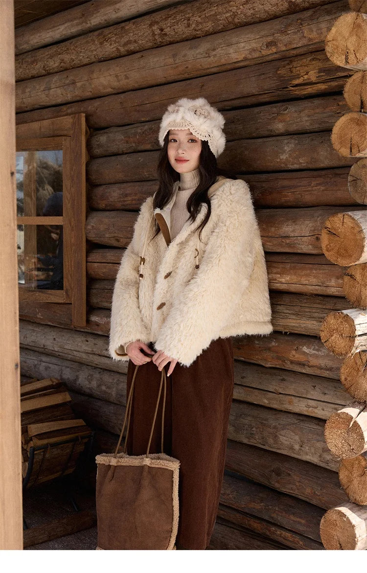 MISHOW Winter Jacket Women 2025 Fashion Beige Knitted Hooded Plush Coat Casual Commute Warm Windproof Short Coat MXE86W0908