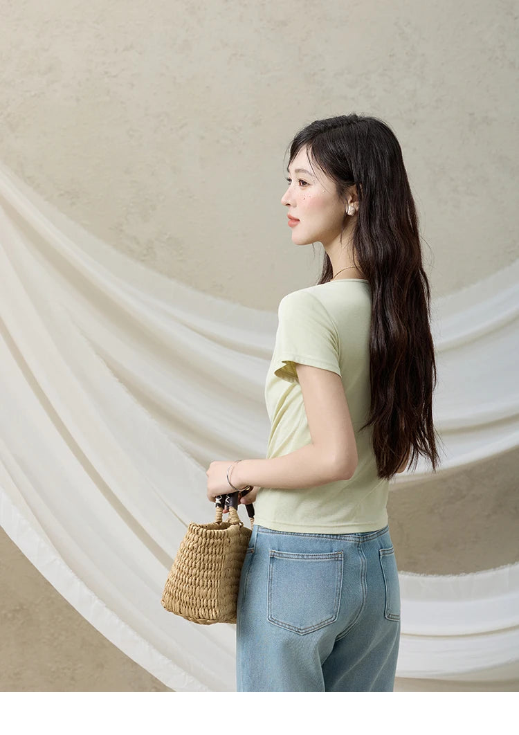 MISHOW Casual Summer Shirts Women 2025 Fashion Short Sleeve Swing Collar Solid T-shirt Female Slim Shell Ribbon Tops MXE33T0524