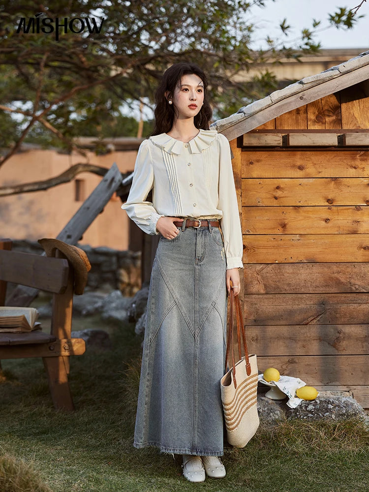 MISHOW French Tucker Pleats Doll Neck Shirt for Women 2025 Spring Straight Shirt Ruffled O Neck Shirts Office Lady MXE12C0401