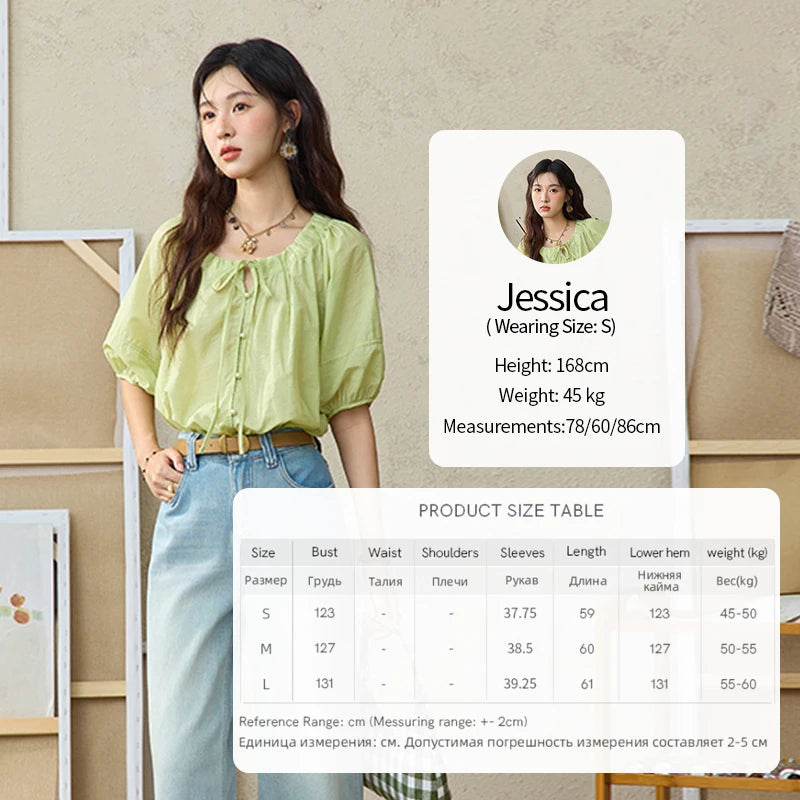 MISHOW Women's Round Neck Blouse 2025 Summer New Fashion Lace Up Puff Sleeve Casual Chiffon Top Ladies Clothing MXE36X1875