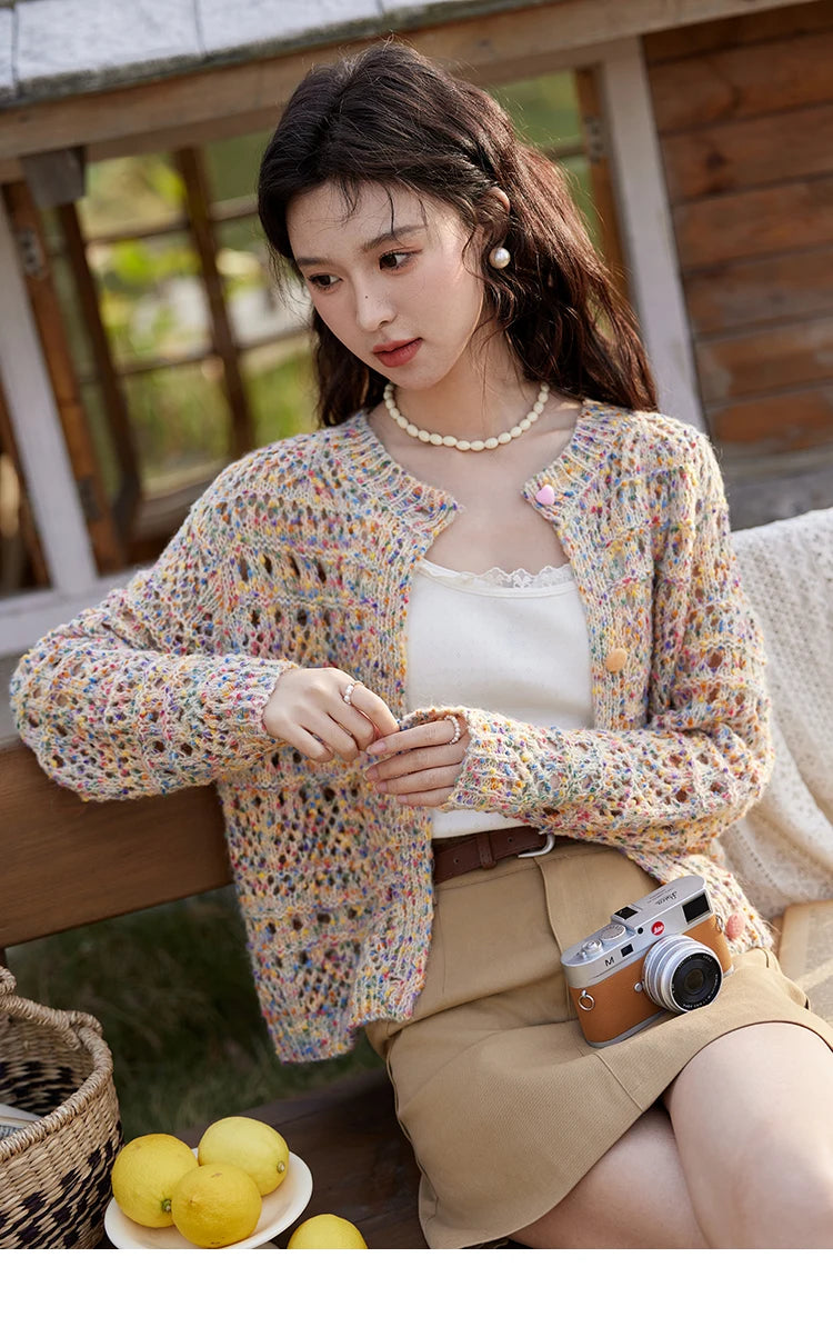 MISHOW Women's Sweet Woven Hollow Knitted Cardigan 2025 Spring Rainbow Button Single Breasted Top O-neck Cardigan MXE13Z1110