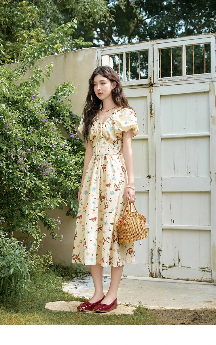 MISHOW French 100 Cotton Floral V-neck Dress Women 2025 Summer Bubble Sleeve Drawstring Lace-up Temperament Dresses MXD30L1868