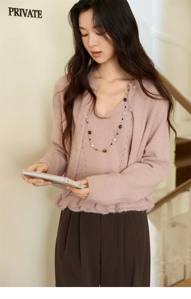 MISHOW Knit Cardigan for Women 2025 Autumn Elegant Pink Crew Neck Cardigan Loose Suspenders Two-piece Suit for Women MXE48T1404