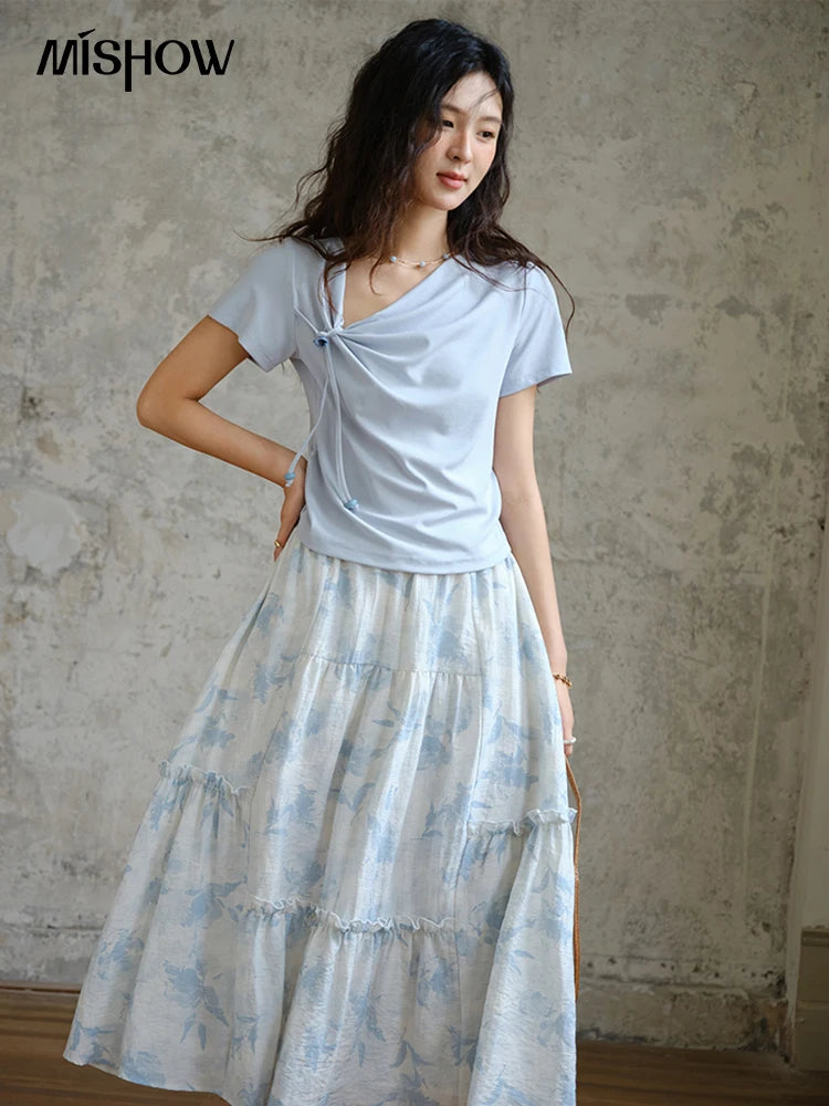 MISHOW Two Piece Set Women's Fashion Lace Up Top 2025 Summer New Casual Print Wide Leg Half Skirt Set Ladies Clothing MXE35T0596