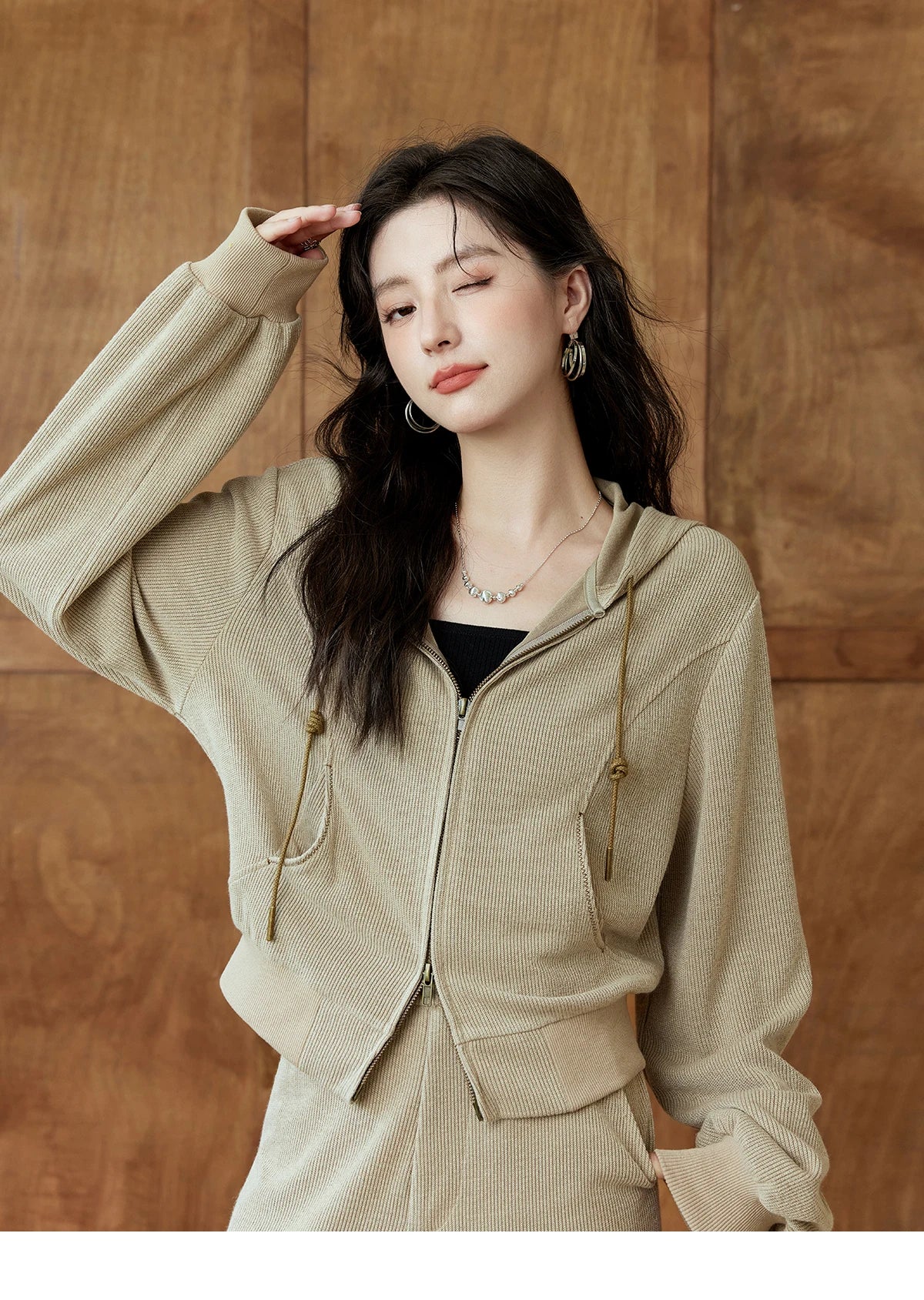 MISHOW Hooded Double Zipper Sweatshirt Knitted Straight Leg Pants Separately Versatile Top Back Elastic Waist Pants MXD44Z0794