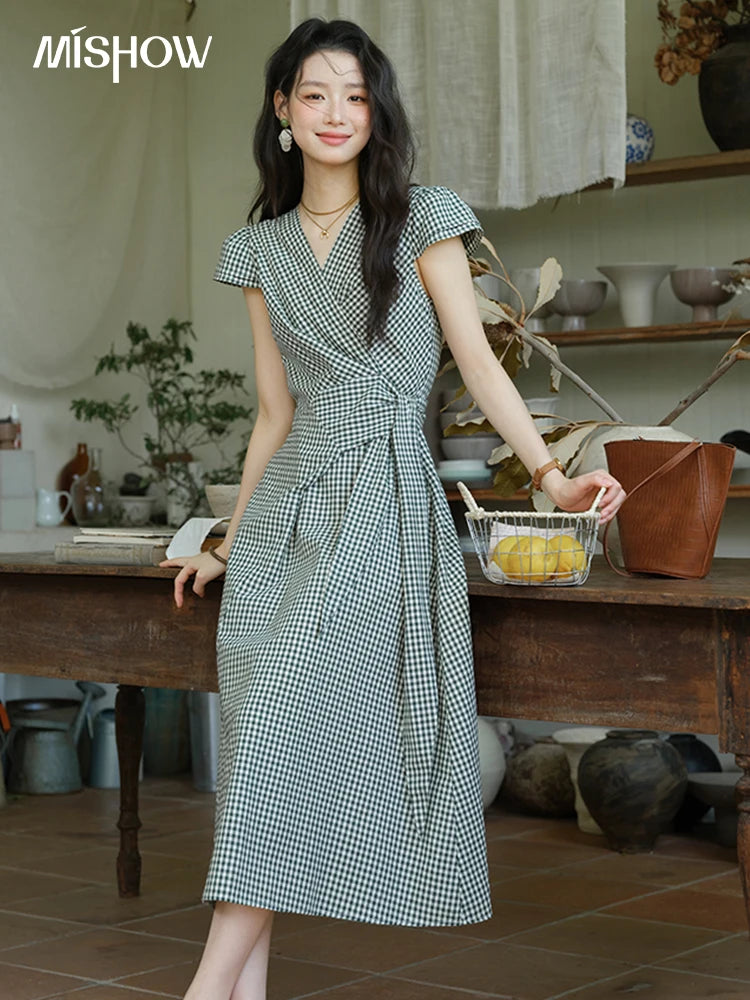 MISHOW Women's Fashion V-neck Dress 2025 Summer Office Lady Plaid Waist Cinched Sashes Short Sleeve Female Dresses MXE39L2410