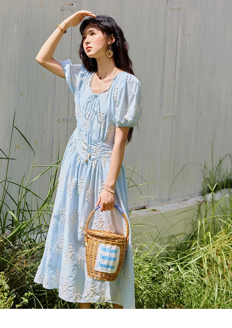MISHOW Blue Square Neck Bubble Sleeve Dress for Women Summer 2025 Waist Vacation 100 Cotton Embroidered Long Dress MXE35L2234