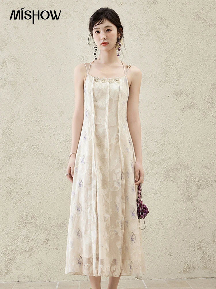 MISHOW Print Suspender Dress Women 2025 Spring Summer Square Collar Sleeveless Cut Flower Dresses New Fashion Slim MXE16L2144