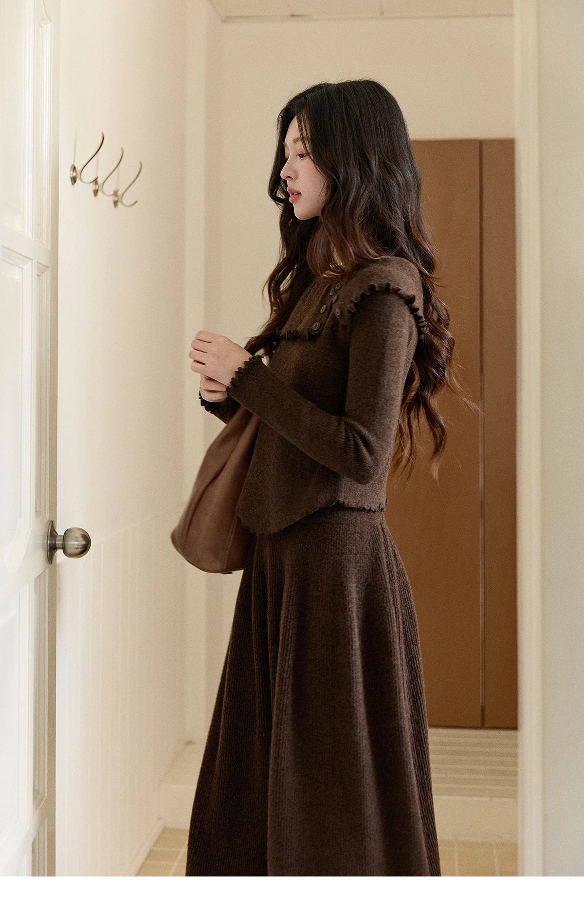 MISHOW Women's Retro Knitted Two-Piece Set 2025 Winter Coffee Ruffle Boat Neck Top A-Line Elastic Waist Skirt Outfit MXE93T1455