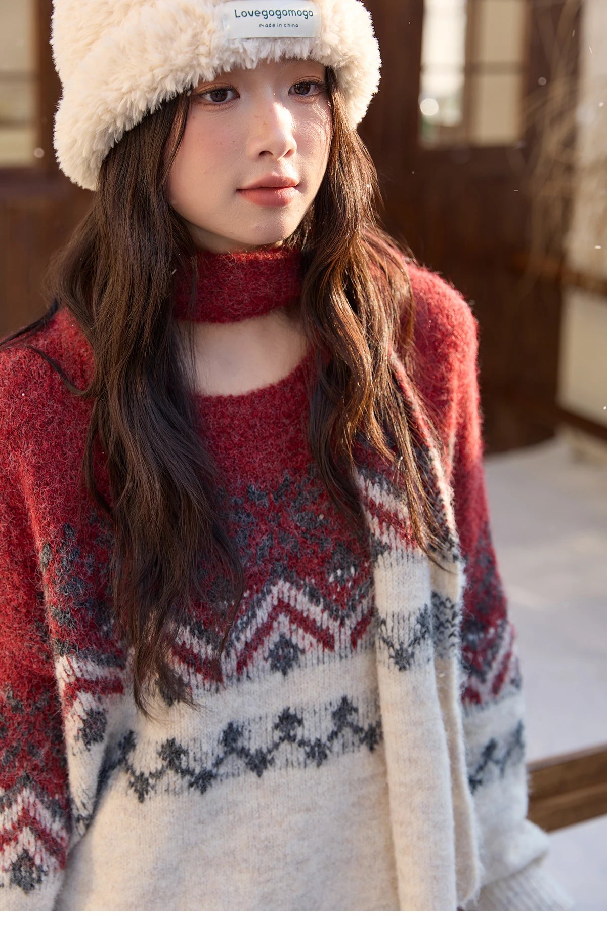 MISHOW Christmas Jacquard Retro Sweater Winter Geometric Red Scarf Fair Isle Sweater Wool Blend Thickened Knitted Top MXE51Z2628