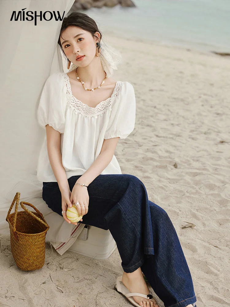 MISHOW French New Shirts Women Summer 2025 Short Puff Sleeve Square Collar Solid Splicing Lace Blouses Female Holiday MXE32X1780